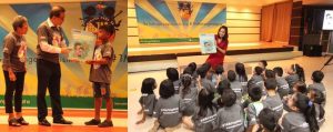 Left photo: Department of Social Welfare and Development (DSWD) Officer-in-Charge Emmanuel A. Leyco, together with Assistant Secretary Aleli B. Bawagan, hands over the SHIELD Against Child Labor Storybook to Jhon Andrei Advincula, a child labourer from Catanauan, Quezon who received intervention under the pilot implementation of SHIELD Project. Right photo: Ms. Cathy Untalan, Ms. Philippines-Earth 2006, leads the storytelling of “Si Elena At Ang Kanyang Mga Pangarap” SHIELD Storybook to Pantawid Pamilyang Pilipino Program (4Ps) children beneficiaries.