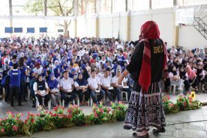 DSWD FO XII Regional Director Bai Zorahayda T. Taha encourages the Marawi IDPs who graduated from various skills training to work hard and to use the new skills that they have acquired for the improvement of their lives during TESDA’s Training for Work Scholarship Program Graduation held at the Iligan City National Highschool Gymnasium on January 7, 2018.