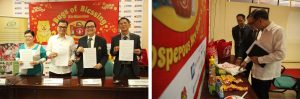 DSWD-OIC Emmanuel C. Leyco (2nd from left) leads the MOA signing with GT Foundation, Inc. Executive Director Aniceto Sobrepeña (3rd from left) sealing the partnership for the 2018 “Bags of Blessings” Project. Also in photo are from DSWD Undersecretary Florita R. Villar and Metrobank Foundation, Inc. Executive Director Nicanor Torres, Jr. OIC Leyco, Exec. Dirs Sobrepeña and Torres check out the grocery items to be included in the bags of blessings which will be distributed to 10,000 poor families nationwide.