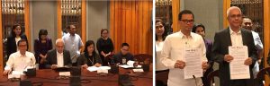 Front row, from left to right: DSWD Officer-in-Charge Emmanuel A. Leyco, Cabinet Secretary Leoncio B. Evasco, Jr; National Commission on Indigenous Peoples Chairperson Leonor T. Oralde-Quintayo; and, National Youth Commission Chairperson Cariza Y. Seguerra sign the memorandum of agreement which seeks to establish a strong collaboration among the agencies in the formulation and implementation of plans and programs for the involvement and participation of indigenous peoples/indigenous youth in community and national level leadership, representation, and decision- making. DSWD OIC-Secretary Leyco and Cabinet Secretary Evasco show the signed memorandum of agreement to help and empower Filipino youth who are members of the indigenous people sector.