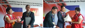 Photo 1: DSWD Undersecretary for Legislative Liaison Affairs and Special Presidential Directives in the Mindanao Region, Luzviminda Ilagan shakes hands with His Excellency Ly Quoc Tuan, Ambassador Extraordinary and Plenipotentiary of the Socialist Republic of Vietnam to the Philippines after signing the deed of donation for the 200 metric tons of rice from the Government of Vietnam. Photo 2: Usec. Ilagan and Department of Foreign Affairs (DFA) Office of the Asian and the Pacific Affairs Director Marford Angeles receive a bag of rice from Ambassador Ly Quoc Tuan during the ceremonial turnover of rice donation from Vietnam for Marawi IDPs.