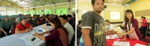 (Left Photo) DSWD Field Office VI staff deployed at the Department's Operations Center located at Faith Village, Station 3, Boracay assess residents and displaced workers for the provision of transportation assistance. (Right photo) Khalid Facullo, a worker in Boracay, receives P3,500 transportation assistance from the DSWD.