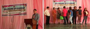 (Left Photo) DSWD Assistant Secretary for Special Concerns Jose Antonio Hernandez graces the Second Moving Up Ceremony of drug surrenderees who underwent a six-month drug rehabilitation program at Lucban, Quezon's Pagbabago at Pag-asa Reflection Camp. Asec. Hernandez encouraged the surrenderees to continue to tread the path to change. (Right Photo) DSWD Field Office IV-A Assistant Regional Director for Administration Milah S. Gatchalian shakes the hand of one of the 'campers' who finished the first phase of the drug rehabilitation program provided by the local government of Lucban, Quezon. With her are the town's local executives and partners in the provision of various interventions to drug surrenderees.