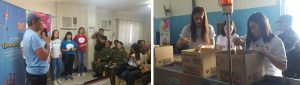 Globe Telecom Senior Vice President Yoly Cristanto (far left), together with "Time Please" volunteers composed of actor John Arcilla, the cast of "Goyo:Ang Batang Heneral" (right photo) and some military reservists during the orientation provided by the Department of Social Welfare and Development (DSWD) before the actual repacking of relief goods.