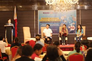 Department of Social Welfare and Development (DSWD) Undersecretary Luzviminda C. Ilagan (far left) engages stakeholders of the Pantawid Pamilyang Pilipino Program (4Ps) to work together towards the improvement of the lives of poor beneficiaries and their children during the panel discussion of the “Diskursong 4ps: Paglalahad,Paglalarawan,Pagsasalaysay,Pagbibigay Liwanag sa Usaping Pantawid Pamilyang Pilipino Program” forum at Bluelane Hotel Manila. Also present in the panel discussion are (from left to right): Mr. Niño Versoza, representative of Senator Leila De Lima, Chair of Senate Committee on Social Justice, Welfare, and Rural Development; Department of Labor and Employment (DOLE) Assistant Secretary Gloria Tango; and, Samahang Nagkakaisang Pamilya ng Pantawid President Jeana Catacio.