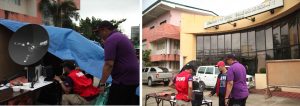 Staff from the Department of Social Welfare and Development (DSWD) Central Office Rapid Emergency Telecommunications Team (RETT) mount Global Xpress® terminals (photo 1) at the DSWD Field Office (FO) II (photo 2) to ensure reliable internet connectivity and communication lines before the landfall of Typhoon Ompong.