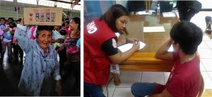 (Left) A resident of Tabuk City, Kalinga carrying a family food pack (FFP) distributed by the Department of Social Welfare and Development (DSWD) Field Office (FO) as part of its ongoing Typhoon Ompong relief operations. (Right) A social worker from the DSWD FO CAR reaching out to assess the needs of the bereaved relative of one of the victims of the landslide incident in Itogon, Benguet.