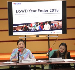 Department of Social Welfare and Development Undersecretary Florita R. Villar (left) responds to queries from media persons during the Department's year-end press conference held at the Central Office today. Assistant Secretary Glenda D. Relova (right), who serves as the Department's spokesperson, discusses DSWD's efforts in addressing the concerns of streetchildren and indigenous people who proliferate in the major thoroughfares of Metro Manila during the Yuletide Season.