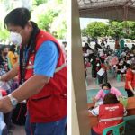 (Left Photo) A staff from the Department of Social Welfare and Development (DSWD) distributes hygiene kits to strandees at the Villamor Airbase Elementary School. (Right Photo) Crisis Intervention Unit team, composed of 30 social workers, facilitates the provision of Assistance to Individuals in Crisis Situation (AICS) to locally stranded individuals at Villamor Airbase Elementary School.