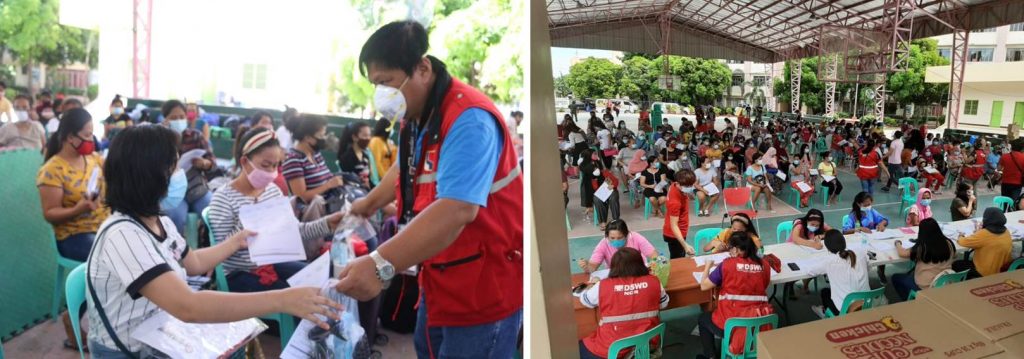 (Left Photo) A staff from the Department of Social Welfare and Development (DSWD) distributes hygiene kits to strandees at the Villamor Airbase Elementary School. (Right Photo) Crisis Intervention Unit team, composed of 30 social workers, facilitates the provision of Assistance to Individuals in Crisis Situation (AICS) to locally stranded individuals at Villamor Airbase Elementary School.