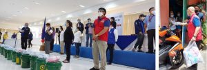 Left photo: DSWD Secretary Rolando Bautista (right) joins other government officials during the launching of “Mask BIDA Laban sa COVID-19,” a face mask distribution project of the government for beneficiaries of the Social Amelioration Program (SAP). Right Photo: DSWD Undersecretary Rene Glen Paje hands face masks to a resident of Sitio Milagrosa, Barangay San Roque, Antipolo City during the community distribution in the area.