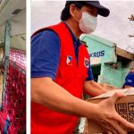 (Left Photo) Department of Social Welfare and Development (DSWD) Secretary Rolando Joselito D. Bautista inspects the boxes of family food packs for families affected by Typhoon Rolly in Catanduanes. (Right Photo) DSWD Secretary Rolando Joselito D. Bautista hands over a family food pack to a resident of Barangay Francia, Virac, Catanduanes.