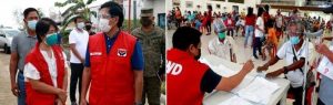 (Left photo) DSWD Secretary Rolando Bautista (right) confers with DSWD-Field Office 1 Regional Director Marie Angela Gopalan and former Alaminos City Mayor Arthur Celeste (in gray shirt, partly hidden), as they tour the Core Shelter Assistance Program (CSAP) Village at Barangay Lucap, Alaminos City. (Right photo). A DSWD social worker distributes cash assistance to senior citizens.