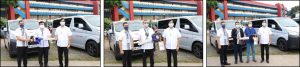 DSWD Secretary Rolando Joselito D. Bautista (right in all photos) and Undersecretary Jose Ernesto B. Gaviola of the General Administration and Support Services Group (left in all photos) spearhead the ceremonial turnover of passengers vans to Field Office IV-A, represented by Regional Director Marcelo Nicomedes J. Castillo (center in the first photo); Field Office IV-B, represented by Regional Director Fernando R. De Villa (center in the second photo); and Field Office NCR, represented by Mr. Louel Soliva (third in the third photo)