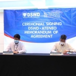 Department of Social Welfare and Development Secretary Rolando Joselito D. Bautista (2nd from left) and Ateneo de Manila University (ADMU) Associate Dean for Student Formation Leland Joseph Dela Cruz (2nd from right) sign the Memorandum of Agreement (MOA) solidifying the partnership in the formation of the Ateneo youth through engaging them in public service. Also in photo are DSWD Undersecretary for Operations Atty. Adonis P. Sulit (far left) and ADMU-Office for Social Concern and Involvement Director for the Office for Ophalle R. Alzona-Pornela.