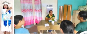 Left photo: Chelia Suelo in her junior high school graduation Toga proudly holding her diploma (left photo). Right photo: Chelia performs her tasks as barangay health worker.