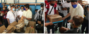 Left photo Department of Social Welfare and Development (DSWD) Secretary Erwin T. Tulfo discussing the contents of the family food pack with Director Emmanuel Privado during his visit to the National Resource Operations Center(NROC). Right photo shows Secretary Tulfo talking to one of the fire vcitms who received DSWD assistance.
