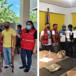 (Left) Stranded workers receive family food packs and other relief items from the DSWD FO VI; (Right) The stranded individuals pose as they receive cash assistance from FO CALABARZON
