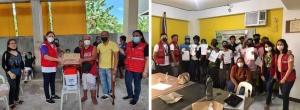 (Left) Stranded workers receive family food packs and other relief items from the DSWD FO VI; (Right) The stranded individuals pose as they receive cash assistance from FO CALABARZON