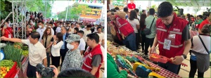(Left) President Ferdinand R. Marcos Jr, joined by DSWD Undersecretary Eduardo Punay, greets participating sellers during the launching of the Kadiwa ng Pangulo on February 27, 2023. (Right) Undersecretary Punay checks the products of Sustainable Livelihood Program Associations (SLPAs).