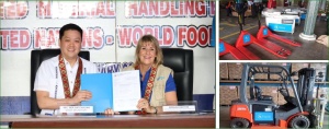 Department of Social Welfare and Development Secretary Rex Gatchalian and United Nations-World Food Programme (UN-WFP) Representative and Country Director Brenda Barton show the signed deed of donations during the hand-over ceremony of WFP donated equipment to the DSWD.
