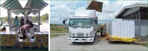 Department of Social Welfare and Development (DSWD) Field Office personnel unload boxes of family food packs and hygiene kits at the Cebu Pacific Cargo Office in Davao International Airport (photo 1) and General Santos International Airport (photo 2).