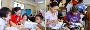Photo 1: Struggling and non-reader incoming Grade 2 learners listen attentively during the reading session conducted by trained college student-tutors of DSWD’s Tara, Basa! Tutoring Program. Photo 2: Parents and guardians of struggling and non-reader elementary learners check the training modules being used by the DSWD-trained youth development workers (YDWs) for the Nanay-Tatay Teacher sessions.