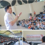 DSWD Secretary Rex Gatchalian greets members of persons with disabilities sector who are beneficiaries of the cash-for-work (CFW) in Valenzuela City during the program orientation last January 20 at the People’s Park Amphitheater.